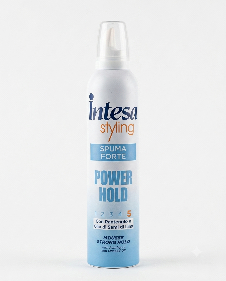 Intesa Styling Spuma Forte Power Hold 300ml, schiuma fissante con pantenolo e olio di semi di lino, volume e tenuta forte.