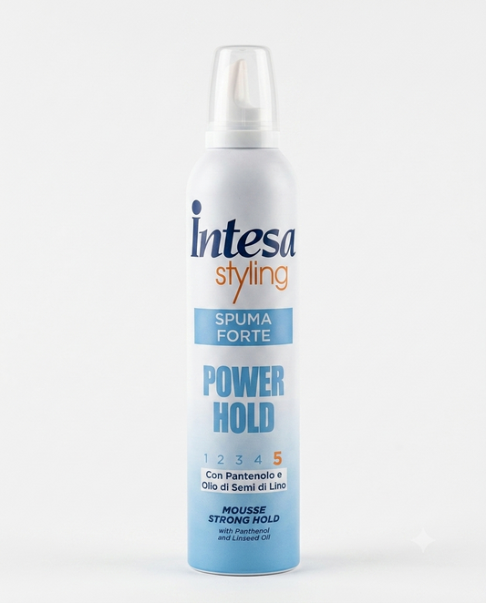 Intesa Styling Spuma Forte Power Hold 300ml, schiuma fissante con pantenolo e olio di semi di lino, volume e tenuta forte.