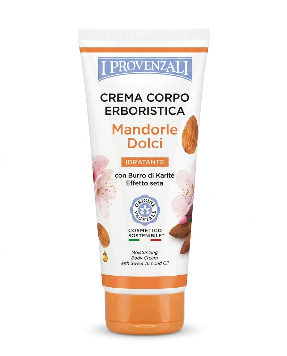 Crema Corpo Erboristica Mandorle Dolci I Provenzali da 200ml con olio di mandorle e burro di karité, trattamento nutriente effetto seta per pelle morbida e levigata, dermatologicamente testata e controllata per nichel, cromo e cobalto.