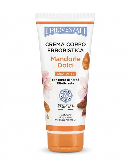 Crema Corpo Erboristica Mandorle Dolci I Provenzali da 200ml con olio di mandorle e burro di karité, trattamento nutriente effetto seta per pelle morbida e levigata, dermatologicamente testata e controllata per nichel, cromo e cobalto.