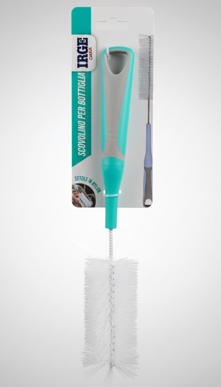 IRGE Scovolino Lavabottiglie e Bicchieri – Setole in Nylon Antigraffio – Pulizia Profonda per Borracce, Caraffe e Vasi – Con Gancio Integrato