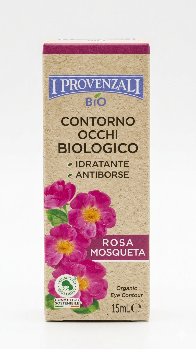 Contorno Occhi Biologico Rosa Mosqueta I Provenzali da 15ml, trattamento idratante e antiborse con acido ialuronico vegetale, effetto decongestionante e illuminante per pelli sensibili, formula 100% vegan e bio.