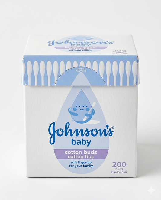 Johnson's Baby Cotton Fioc 200 Pezzi – Bastoncini in Puro Cotone 100% e Carta Ecosostenibile – Protezione Delicata Ipoallergenica per Tutta la Famiglia