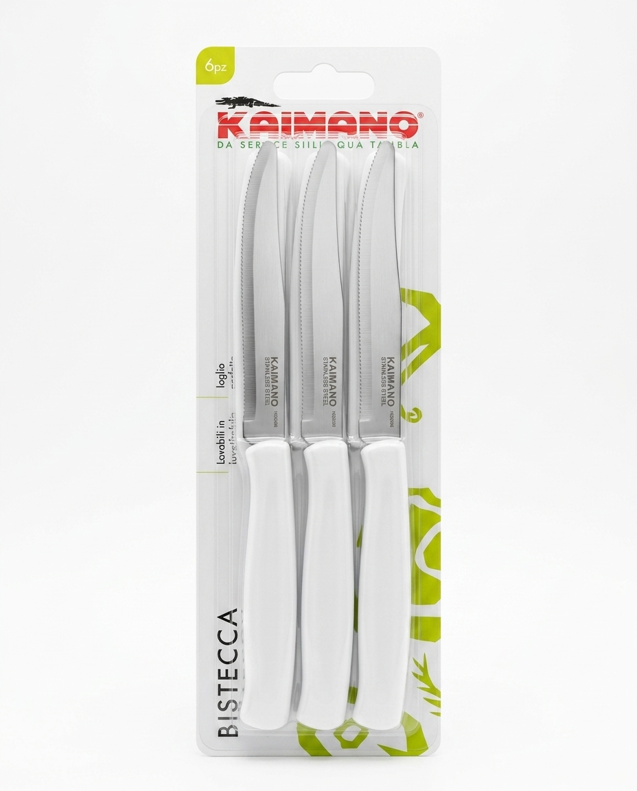 Kaimano Serie Dinamik Set 6 Coltelli Bistecca Acciaio Inox Seghettati – Taglio Netto Antisfilacciamento con Manico Bianco Ergonomico