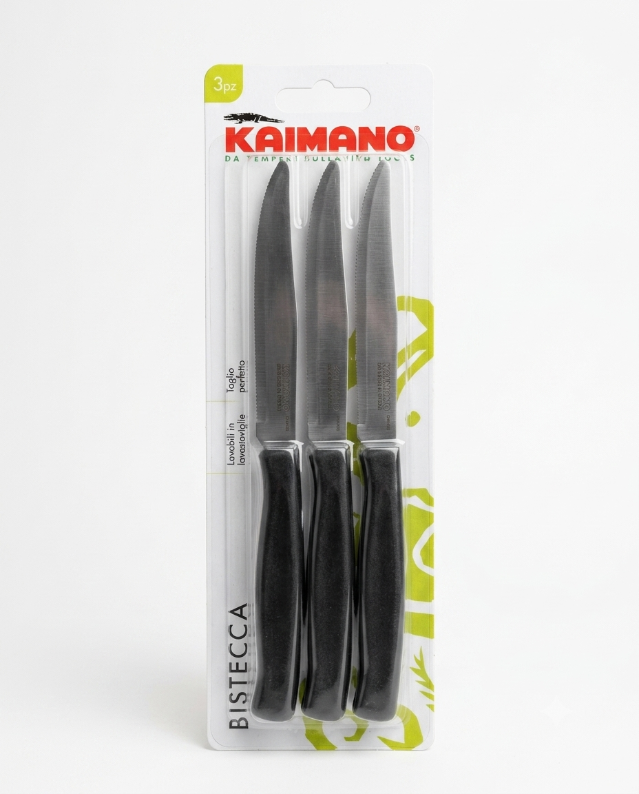 Set 6 coltelli bistecca Kaimano Dinamik con lame seghettate in acciaio inox e manici neri in polipropilene.