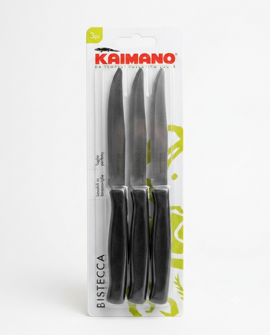 Set 6 coltelli bistecca Kaimano Dinamik con lame seghettate in acciaio inox e manici neri in polipropilene.
