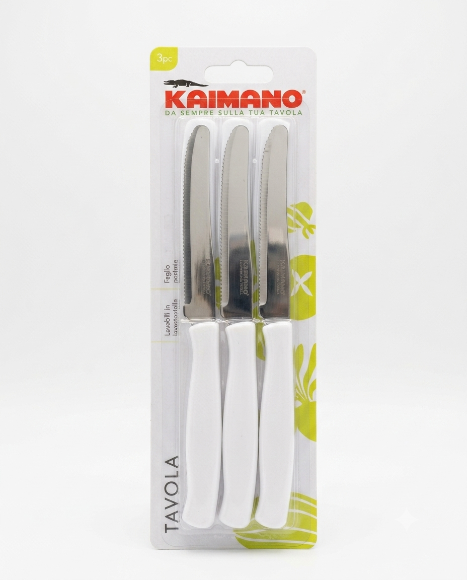 Set 6 coltelli da tavola Kaimano Dinamik con lame seghettate in acciaio inox e manici bianchi in polipropilene.