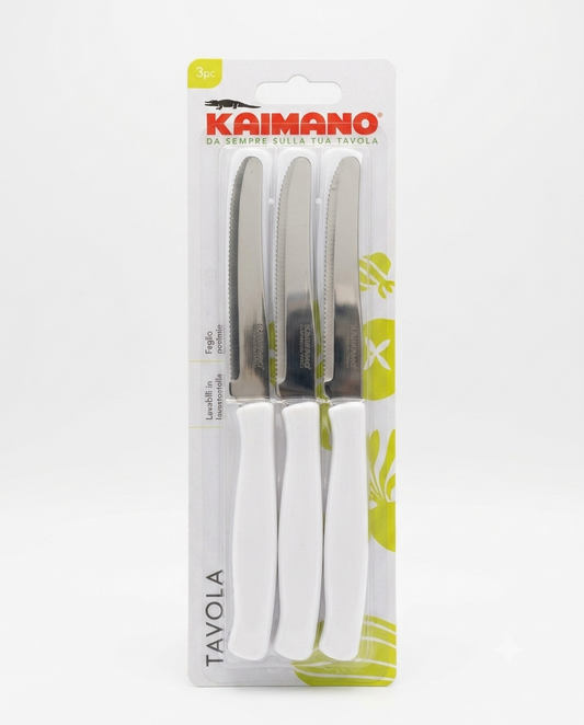 Set 6 coltelli da tavola Kaimano Dinamik con lame seghettate in acciaio inox e manici bianchi in polipropilene.