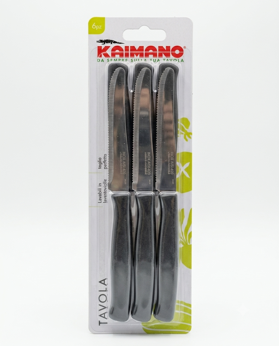 Set 6 coltelli da tavola Kaimano Dinamik con lame seghettate in acciaio inox e manici neri in polipropilene.