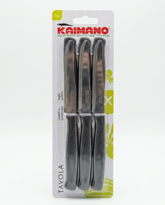 Set 6 coltelli da tavola Kaimano Dinamik con lame seghettate in acciaio inox e manici neri in polipropilene.