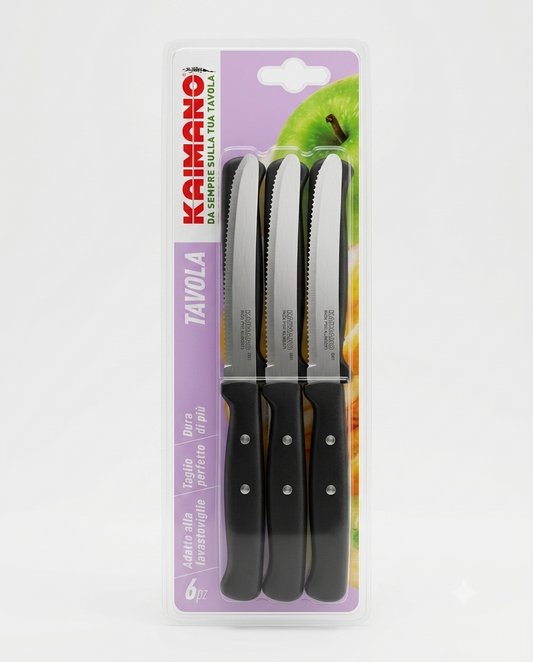 Set 6 coltelli da tavola Kaimano Premium con lame in acciaio inox e manici in polipropilene, lavabili in lavastoviglie.