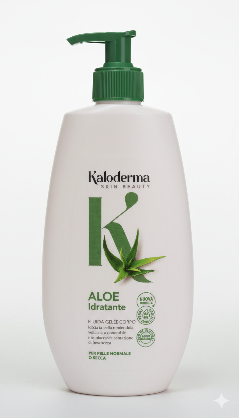 Fluida Gelée Corpo Aloe Skin Beauty Kaloderma da 400ml con aloe vera ed estratto di cocco, gel corpo idratante a texture leggera a rapido assorbimento, effetto rinfrescante e nutriente per pelle normale o secca.
