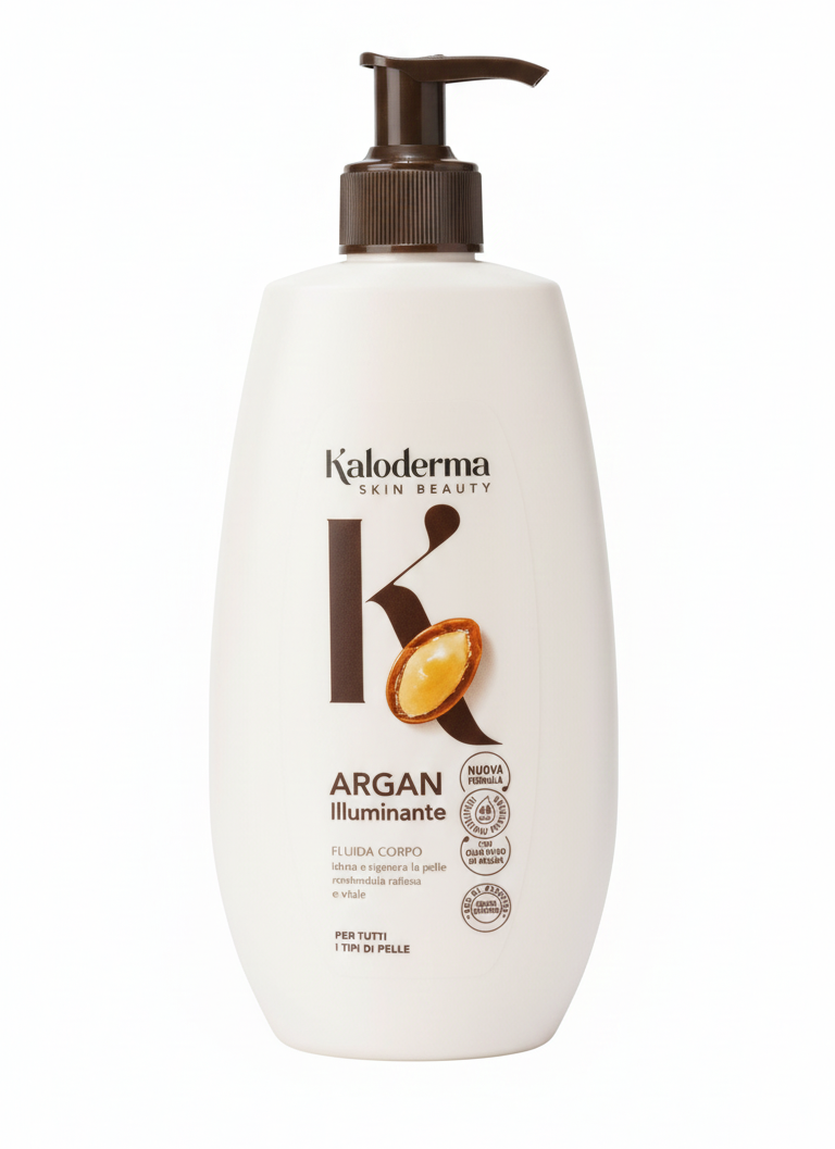 Fluido Corpo Argan Illuminante Kaloderma da 400ml con olio di argan purissimo, lozione corpo nutriente ad effetto radioso e vellutato, texture leggera a rapido assorbimento per tutti i tipi di pelle.