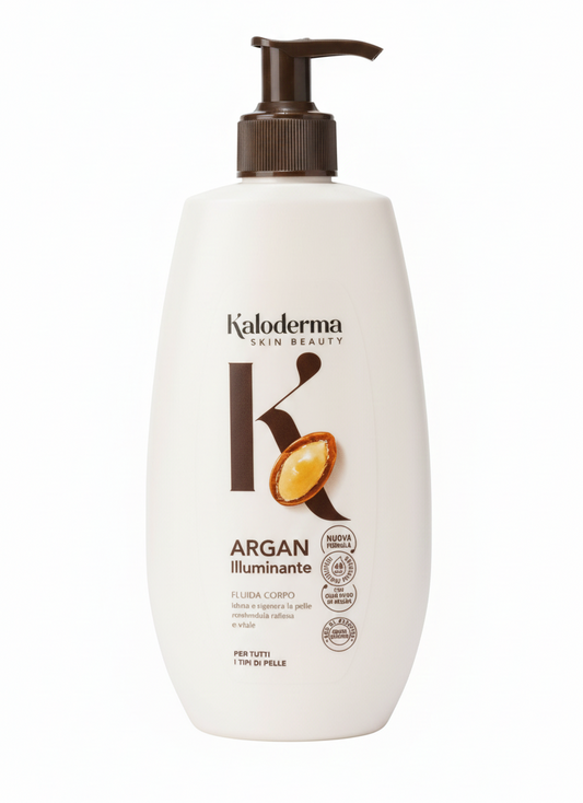 Fluido Corpo Argan Illuminante Kaloderma da 400ml con olio di argan purissimo, lozione corpo nutriente ad effetto radioso e vellutato, texture leggera a rapido assorbimento per tutti i tipi di pelle.