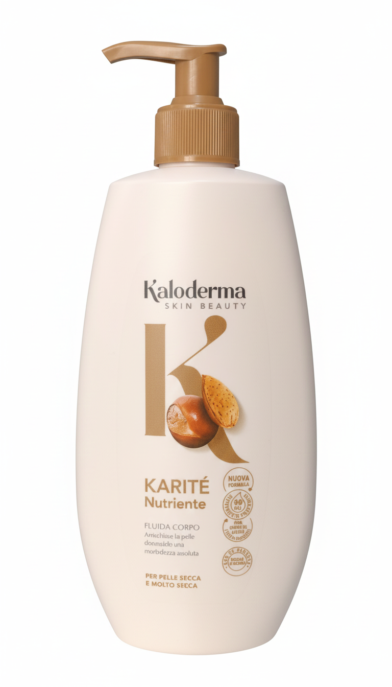 Fluido Corpo Karité Nutriente Skin Beauty System Kaloderma da 400ml con burro di karité e olio di mandorle dolci, lozione corpo setificante e nutriente per pelli secche e sensibili, effetto vellutante e rapido assorbimento.