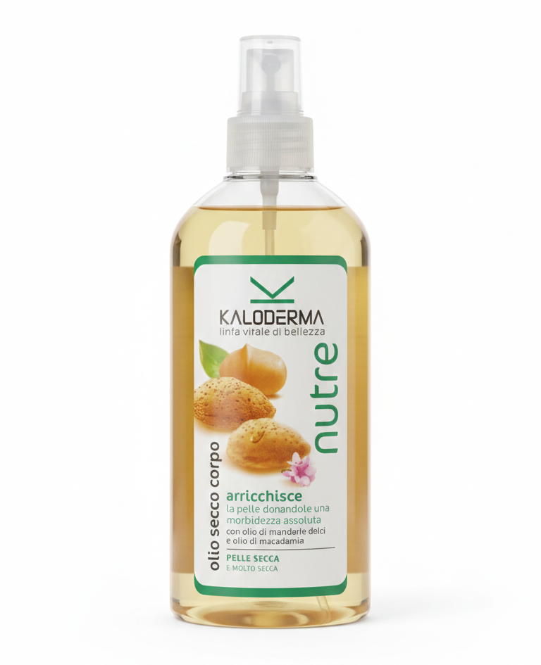 Olio Secco Corpo Spray Kaloderma da 200ml con mandorle dolci e macadamia, trattamento nutriente e setificante a rapido assorbimento, effetto tocco asciutto non unto per pelle secca e devitalizzata, applicazione spray pratica e uniforme.