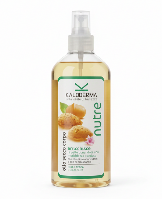 Olio Secco Corpo Spray Kaloderma da 200ml con mandorle dolci e macadamia, trattamento nutriente e setificante a rapido assorbimento, effetto tocco asciutto non unto per pelle secca e devitalizzata, applicazione spray pratica e uniforme.