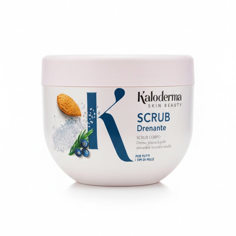 Scrub Corpo Drenante effetto SPA Kaloderma da 500g con sale marino, olio di mandorle, olio di vinaccioli e burro di karité, esfoliante tonificante e levigante per tutti i tipi di pelle, effetto drenante e nutriente.