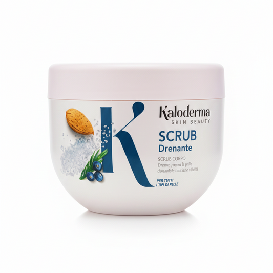 Scrub Corpo Drenante effetto SPA Kaloderma da 500g con sale marino, olio di mandorle, olio di vinaccioli e burro di karité, esfoliante tonificante e levigante per tutti i tipi di pelle, effetto drenante e nutriente.