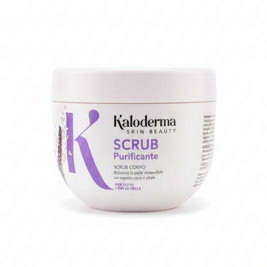 Scrub Corpo Purificante effetto SPA Kaloderma da 500g con zucchero di canna, olio di macadamia e lavanda, gommage esfoliante e nutriente che leviga la pelle e la rende morbida, vellutata e luminosa.