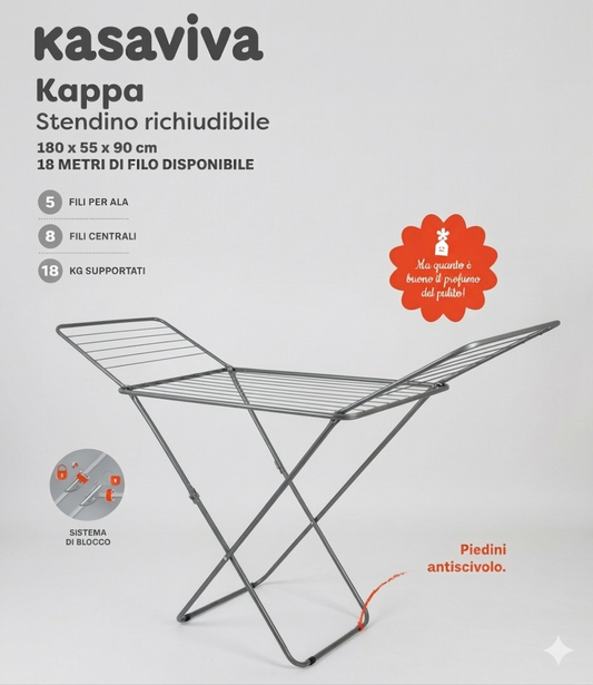 Kasaviva Kappa Stendibiancheria Richiudibile in Metallo | 18 Metri di Filo per Bucato | Portata 18 kg con Sistema di Blocco e Piedini Antiscivolo | Dimensioni 180x55x90 cm