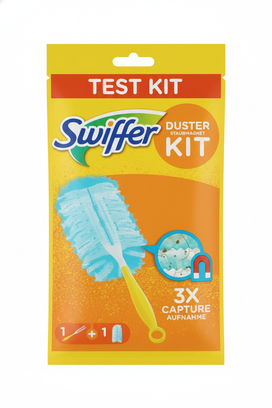 Swiffer Duster Test Kit | 1 Manico Ergonomico + 1 Piumino Catturapolvere | Tecnologia Cattura & Blocca 3X | Efficace su Polvere, Peli e Allergeni