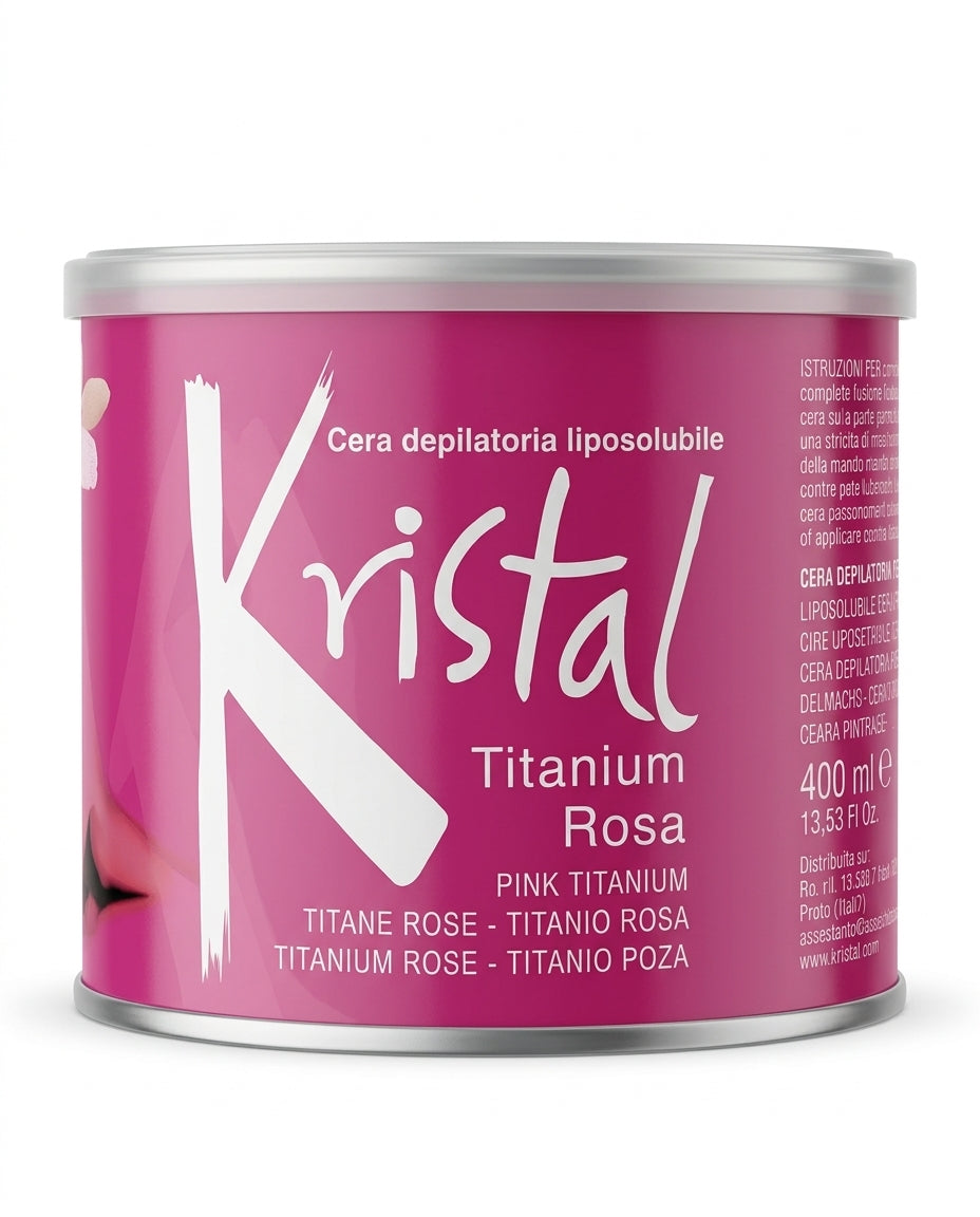 Kristal Cera Depilatoria Liposolubile Titanium Rosa 400 ml, cera a caldo professionale con biossido di titanio, da utilizzare con strisce in tessuto non tessuto, Made in Italy.