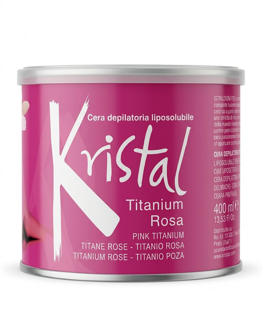 Kristal Cera Depilatoria Liposolubile Titanium Rosa 400 ml, cera a caldo professionale con biossido di titanio, da utilizzare con strisce in tessuto non tessuto, Made in Italy.