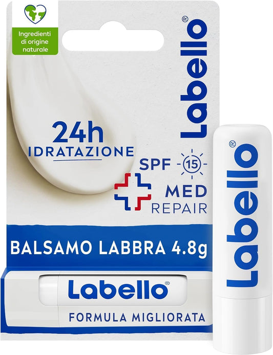 Labello Med Repair SPF 15, burrocacao riparatore con idratazione 24h, formulato per donare sollievo immediato alle labbra secche e screpolate e proteggerle.
