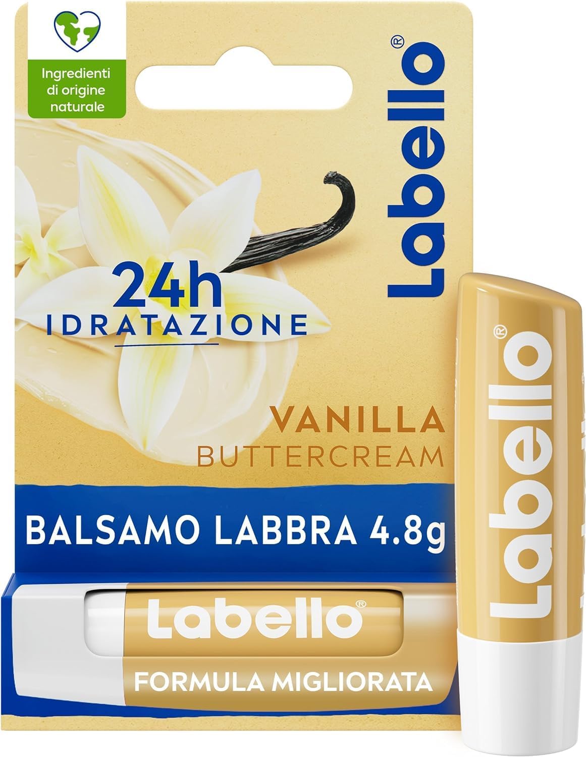 Labello Vanilla Buttercream Balsamo Labbra, con idratazione 24h, 99% di ingredienti di origine naturale, aroma vaniglia e burro di karité da fonti etiche.