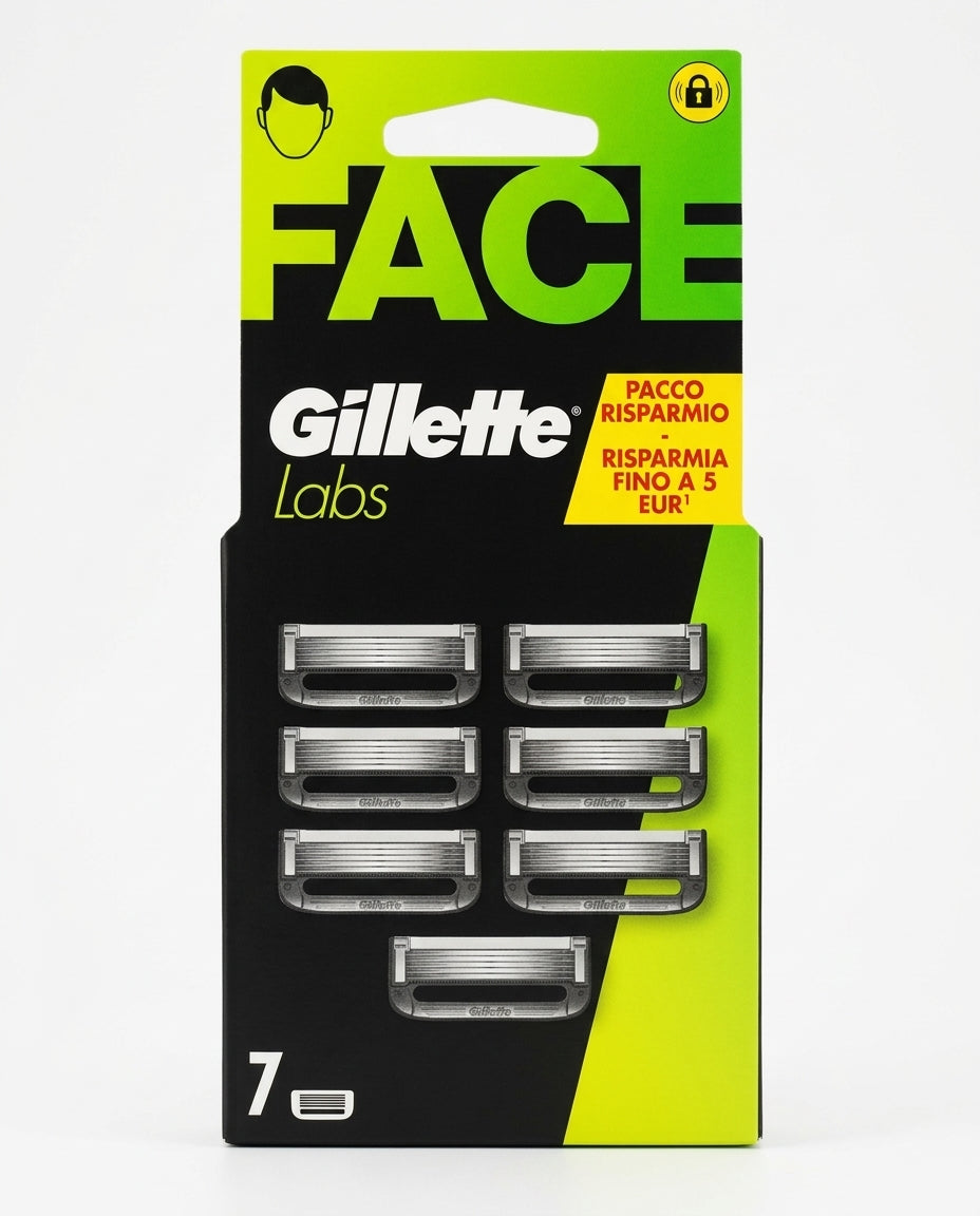 Gillette Labs Face Lamette di Ricambio Rasoio Uomo Pacco Risparmio 7 Testine – 5 Lame d'Eccellenza e Lubrastrip Everglide™