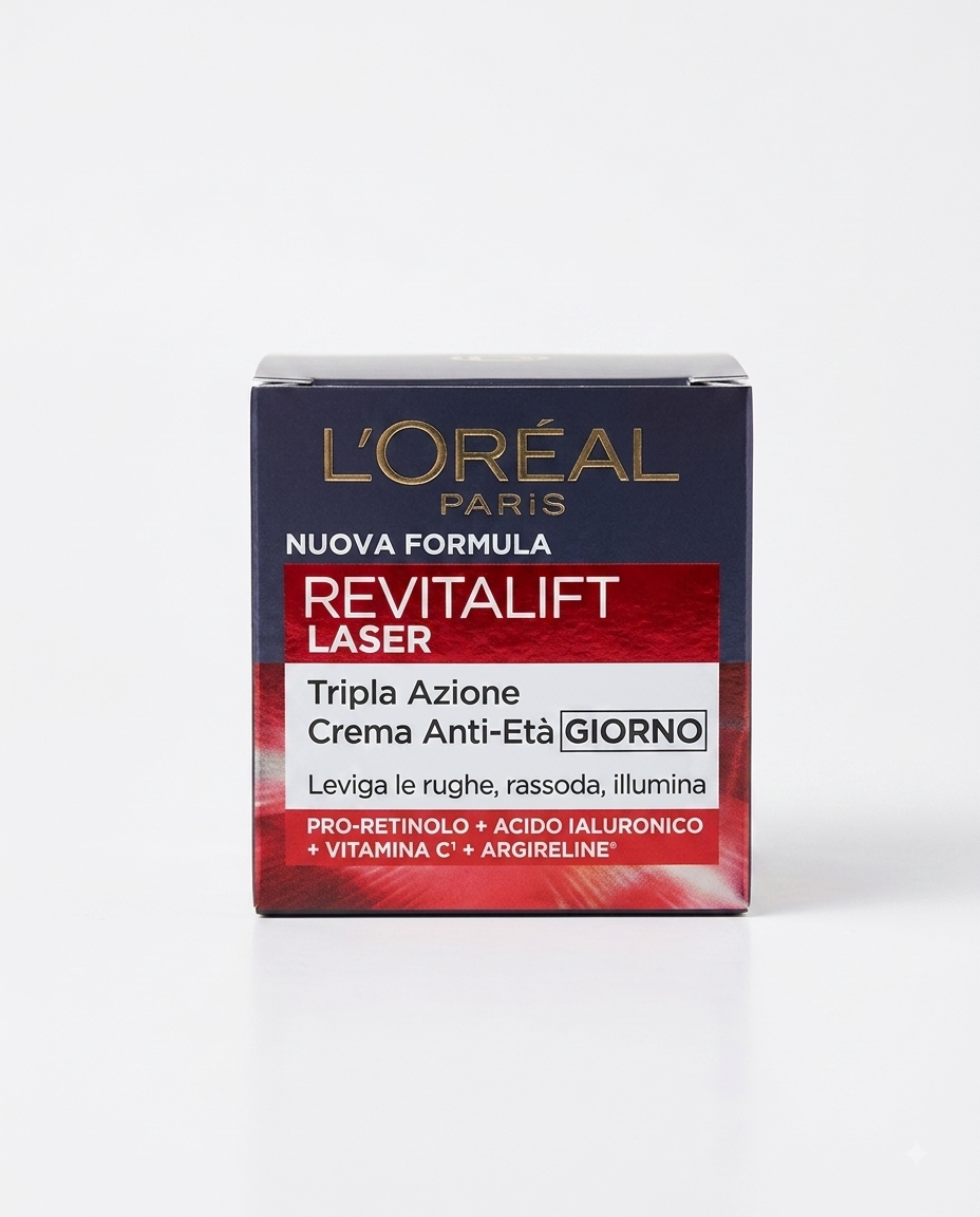 L'Oréal Paris Revitalift Laser Crema Giorno Tripla Azione 50 ml, trattamento antirughe rassodante e illuminante con Pro-Retinolo, acido ialuronico, vitamina Cg e Argireline.