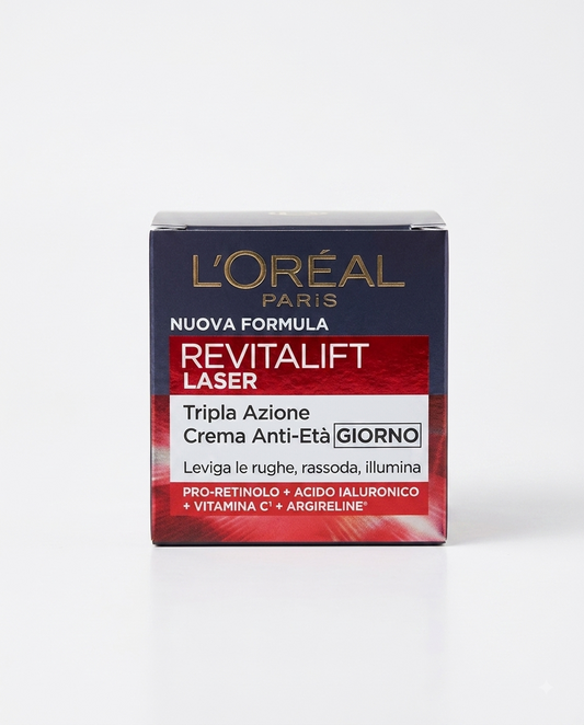 L'Oréal Paris Revitalift Laser Crema Giorno Tripla Azione 50 ml, trattamento antirughe rassodante e illuminante con Pro-Retinolo, acido ialuronico, vitamina Cg e Argireline.
