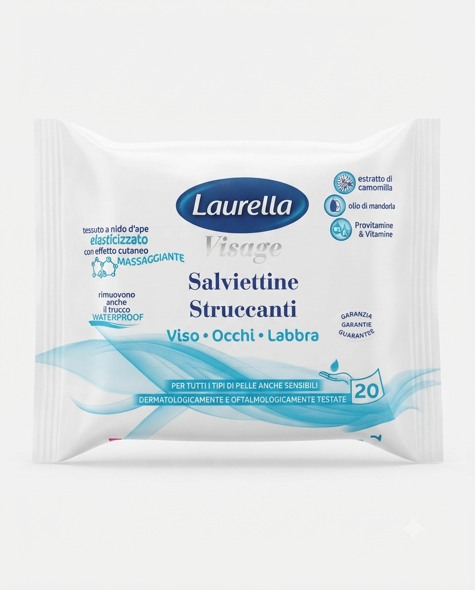 Laurella Visage salviettine struccanti 20 pezzi per viso, occhi e labbra, rimuovono anche trucco waterproof.