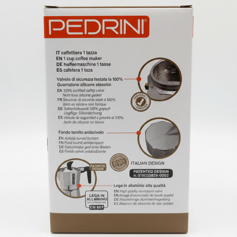 Pedrini Aroma Chic Caffettiera Moka in Alluminio – Disponibile in Mezza Tazza, 1 Tazza e 2 Tazze – Guarnizione in Silicone e Design Italiano