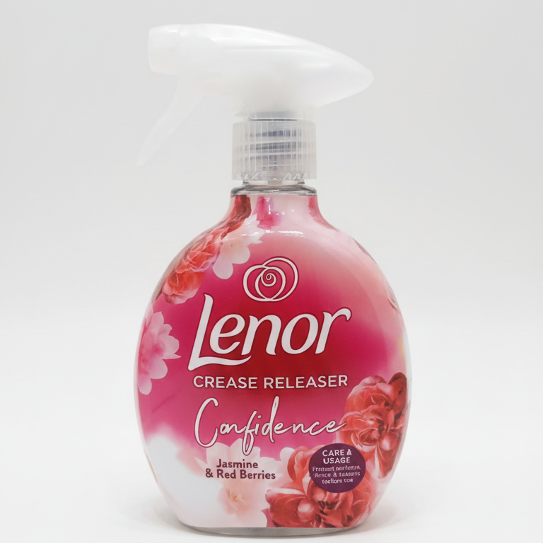 Lenor Crease Releaser Confidence 500 ml, spray rimuovi pieghe senza ferro da stiro, con profumo Jasmine & Red Berries e azione antistatica.