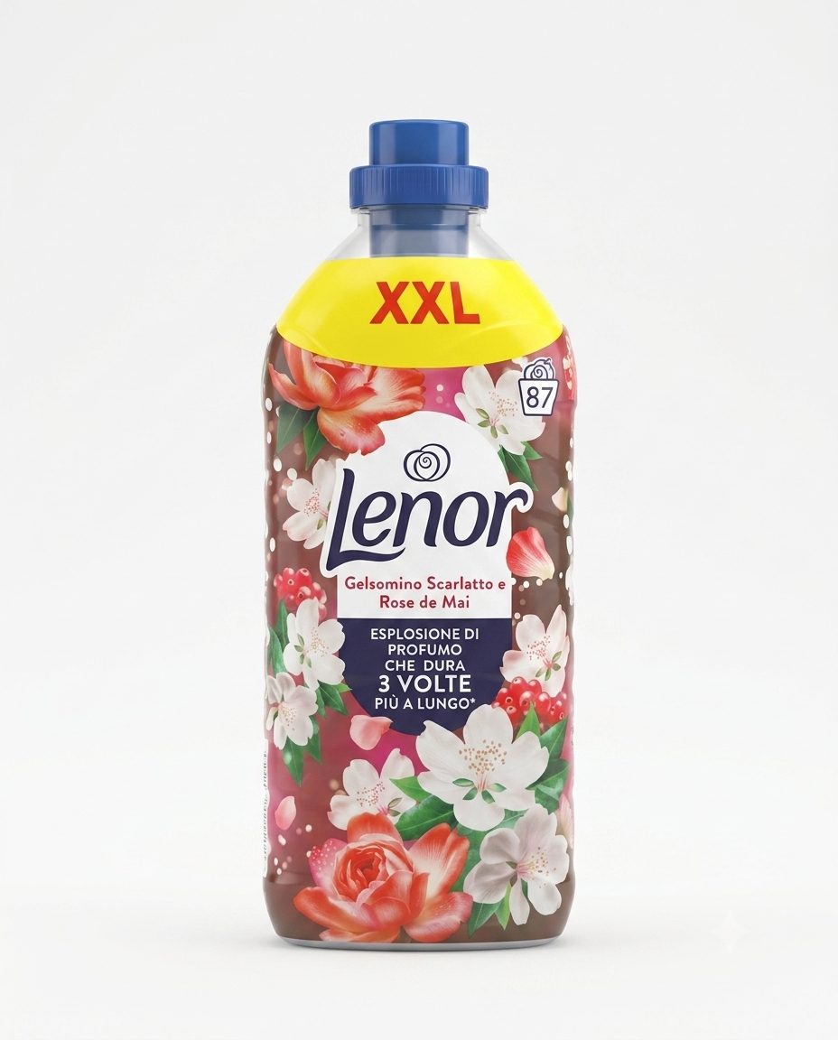 Lenor Ammorbidente Concentrato XXL Gelsomino Scarlatto e Rose de Mai 1,827 L, ammorbidente profumato a lunga durata che dona morbidezza ai tessuti e una fragranza intensa e persistente al bucato.