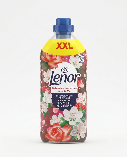 Lenor Ammorbidente Concentrato XXL Gelsomino Scarlatto e Rose de Mai 1,827 L, ammorbidente profumato a lunga durata che dona morbidezza ai tessuti e una fragranza intensa e persistente al bucato.