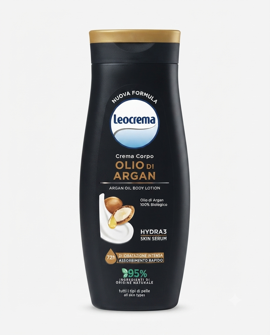 Leocrema Crema Corpo Olio di Argan Hydra3 Skin Serum 250 ml, idratazione 72h con olio di argan biologico.