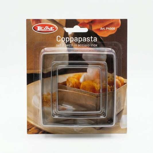 LEONE Coppapasta Quadrati Set 3 pezzi in acciaio inox, misure 10x10, 8x8 e 6x6 cm, altezza 4,5 cm, ideali per impiattare pasta, risotti, dolci e tartare.