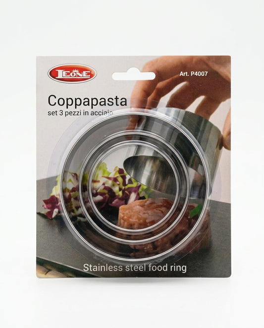 LEONE Coppapasta Tondi Set 3 pezzi in acciaio inox, diametri 10,5, 8 e 6 cm, altezza 4,5 cm, ideali per impiattare pasta, risotti, dolci e tartare.