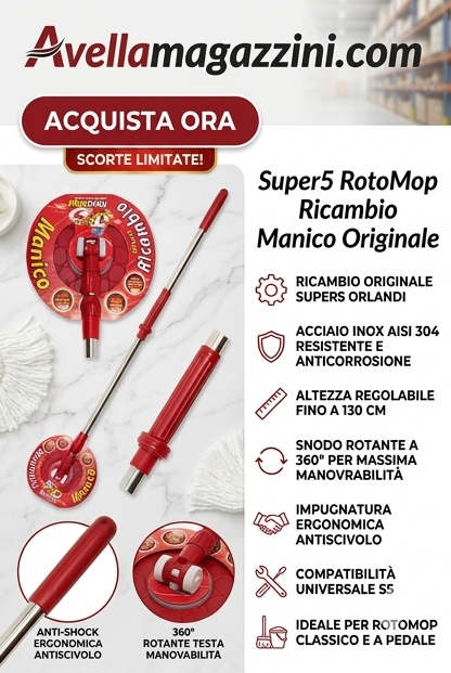 Super5 RotoMop Ricambio Manico Originale | Acciaio Inox Telescopico 130cm | Testa Rotante 360° | Impugnatura Ergonomica Antiurto | Compatibile RotoMop Classico e Pedale