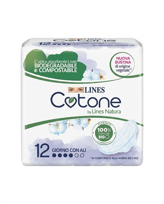 Lines Cotone Bio Ultra Giorno con Ali 12 Pezzi Filtrante 100% Cotone Biologico – Assorbente Ipoallergenico e Traspirante per Pelli Sensibili