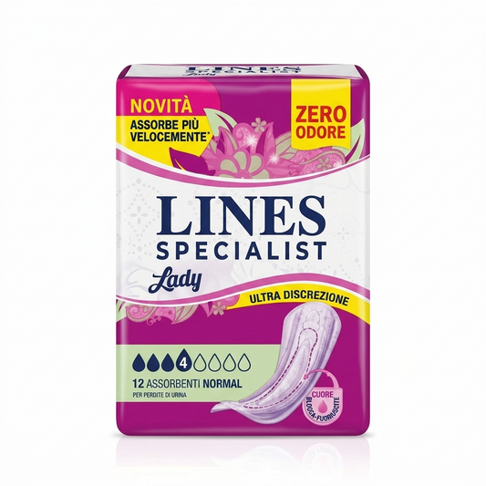 Lines Specialist Lady Normal Ultra Sottile 12 pezzi, assorbenti per incontinenza con protezione discreta, design ultra sottile e sistema Zero Odore.