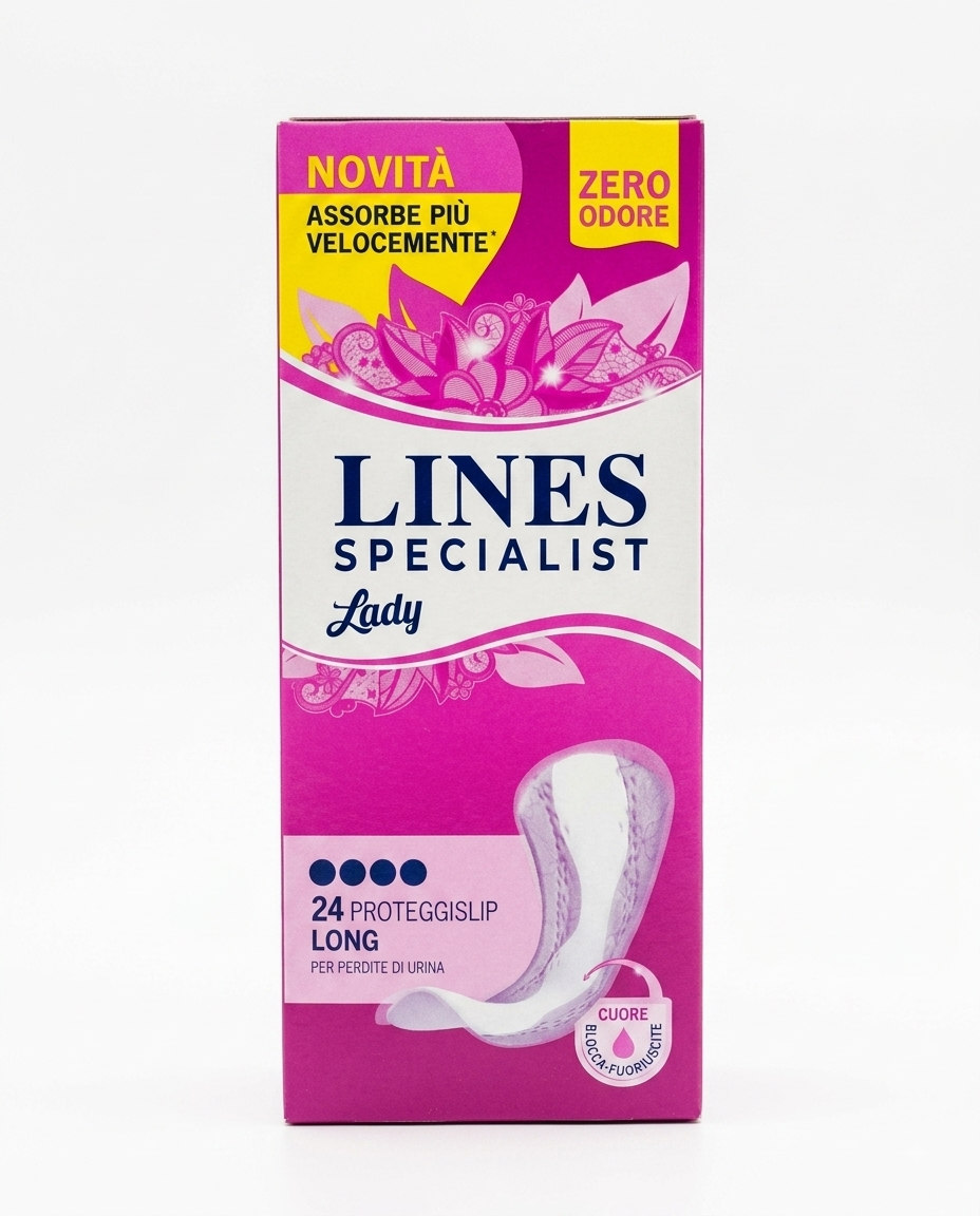 Lines Specialist Ultra Mini 24 pezzi, assorbenti distesi sottili per perdite urinarie molto leggere, con tecnologia Zero Odore, massima discrezione e materiale ipoallergenico.