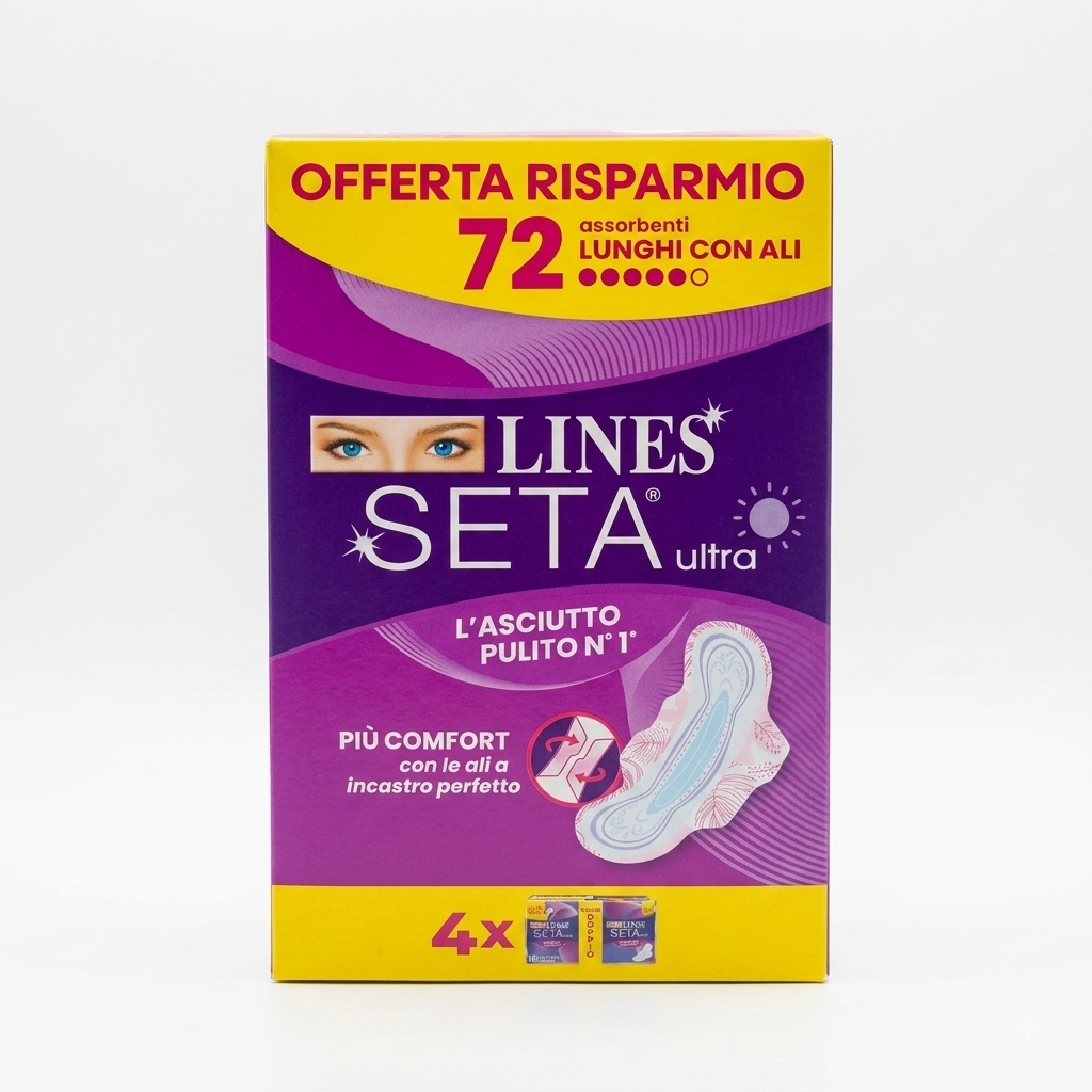Lines Seta Ultra Lunghi con Ali Maxi Bundle 72 pezzi (4×18), assorbenti da giorno da 28,4 cm con assorbenza 5 gocce e tecnologia Zero Odori.