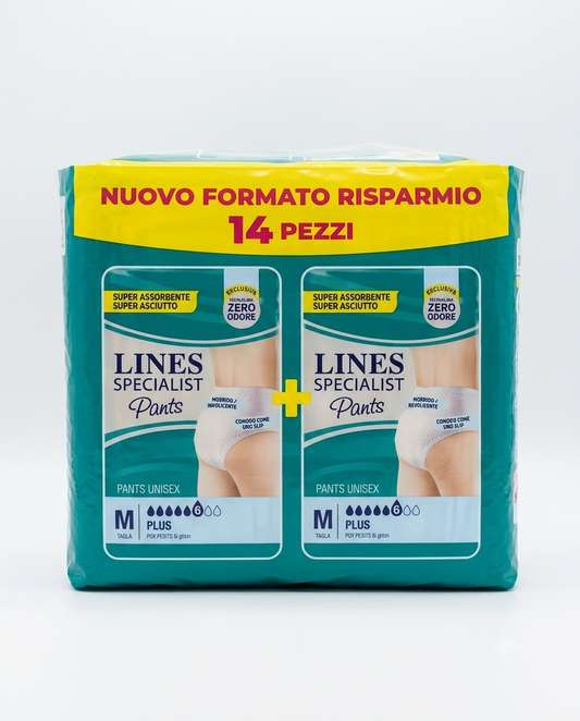 LINES Specialist Pants Unisex Plus 14 pezzi, mutandine assorbenti per incontinenza taglia M con tecnologia Zero Odore, assicurano assorbenza elevata, comfort, vestibilità anatomica e protezione discreta per l'uso quotidiano.