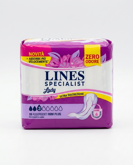 Lines Specialist Mini Plus 16 assorbenti ultra sottili per perdite leggere con tecnologia anti odore e doppia barriera.