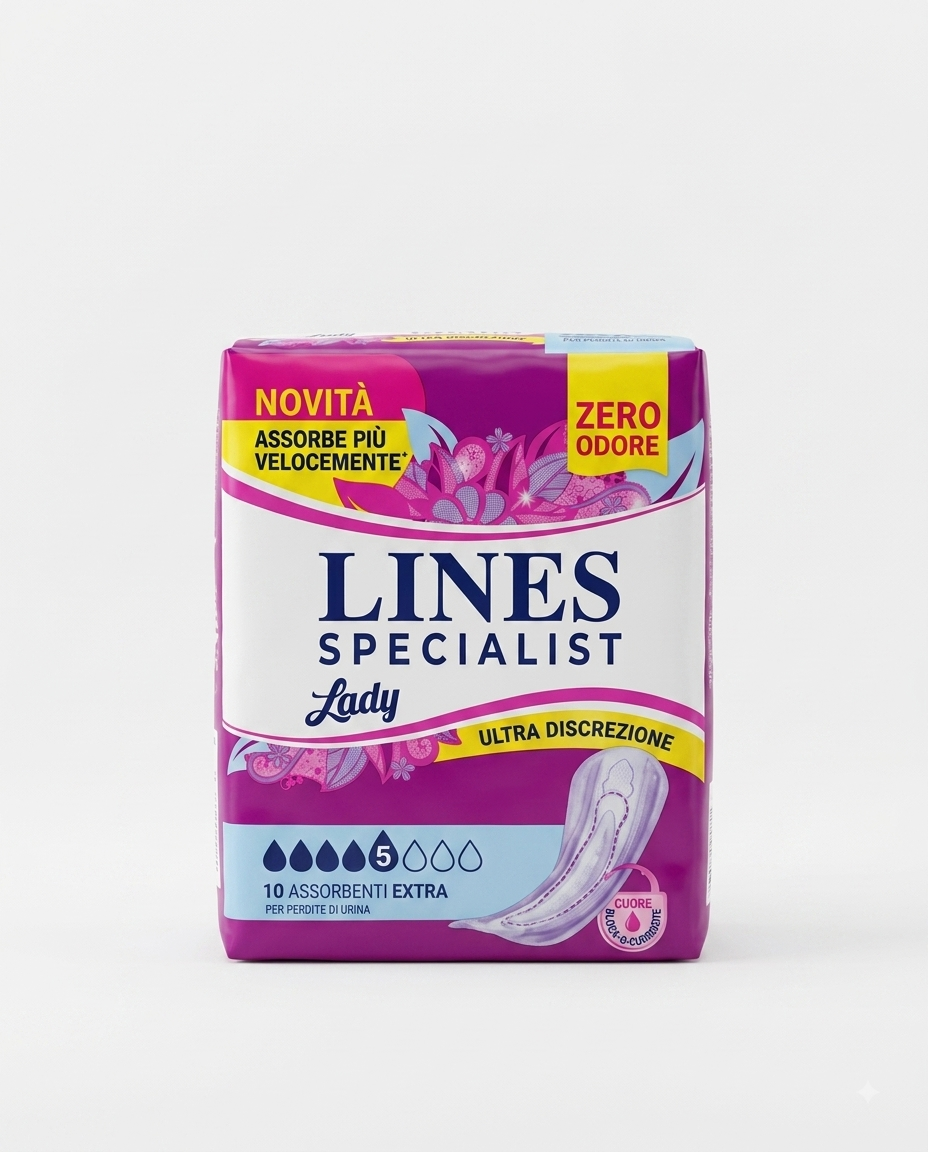 Lines Specialist Lady Extra 10 pezzi, assorbenti ultra sottili per perdite urinarie, con tripla protezione e sistema Zero Odore per una protezione discreta e confortevole.