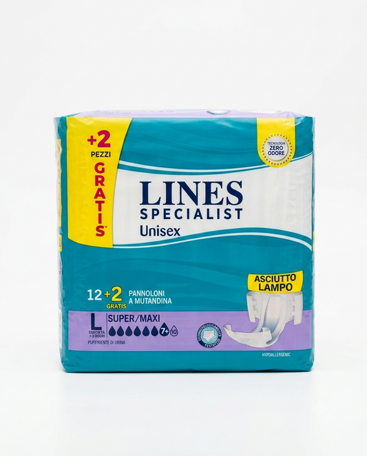 LINES Specialist Unisex Pants Super/Maxi Taglia L 14 pezzi (12+2), mutandine assorbenti unisex per incontinenza pesante con tecnologia Zero Odore e assorbenza rapida, offrono comfort, vestibilità sicura e protezione affidabile giorno e notte.